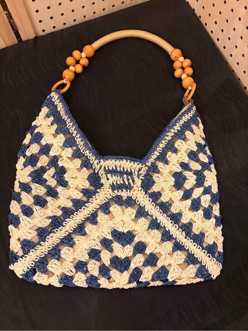 Handcrafted Blue & Cream Crochet Shoulder Bag with Beaded Handle